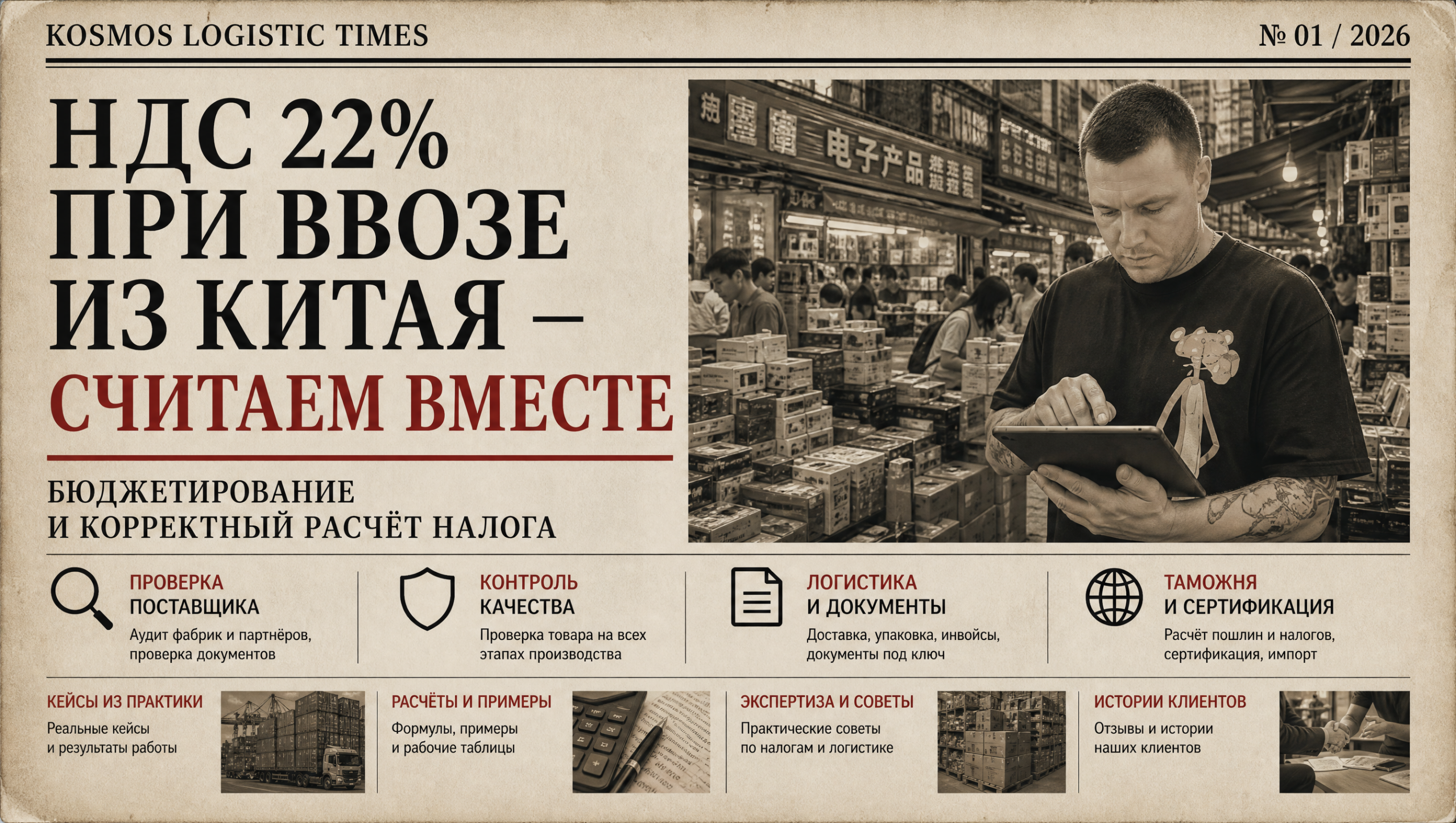 Расчет налога НДС 22 процентов при импорте товаров из Китая в 2026 году на примере